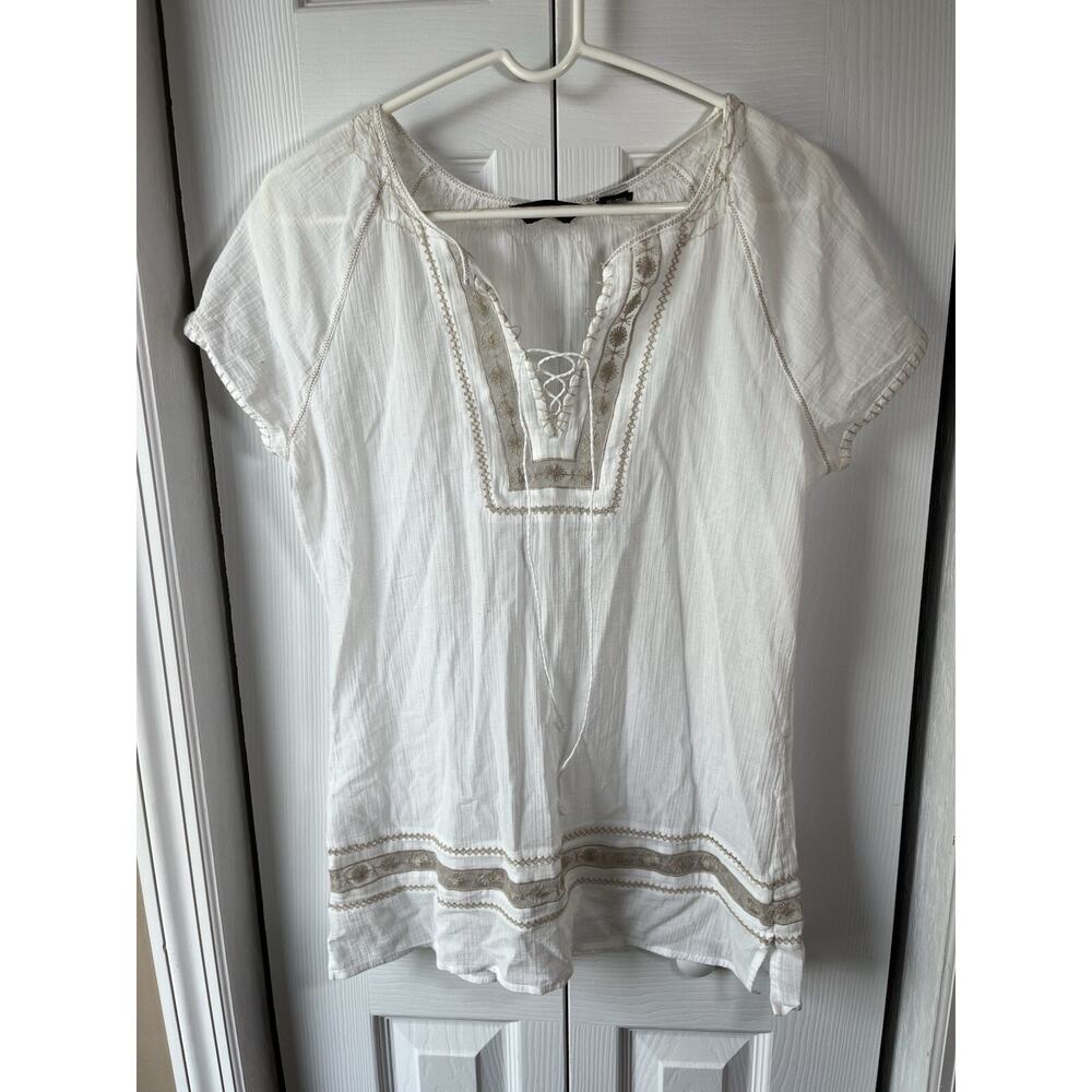 Eddie Bauer Woman White Gauzy Cotton Popover Top S Lace Tie Boho Western Hippie